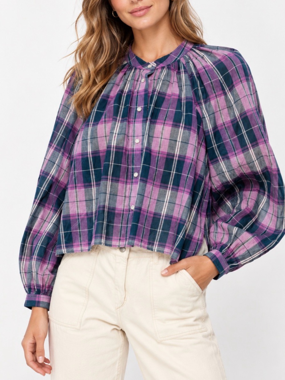 Isabel Marant Plaid Button-Front Peasant Blouse - Purple/Navy